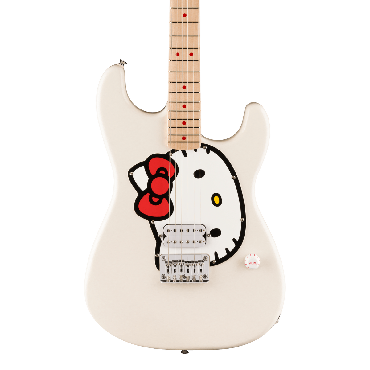 Front of Squier Fender x Hello Kitty White Stratocaster.