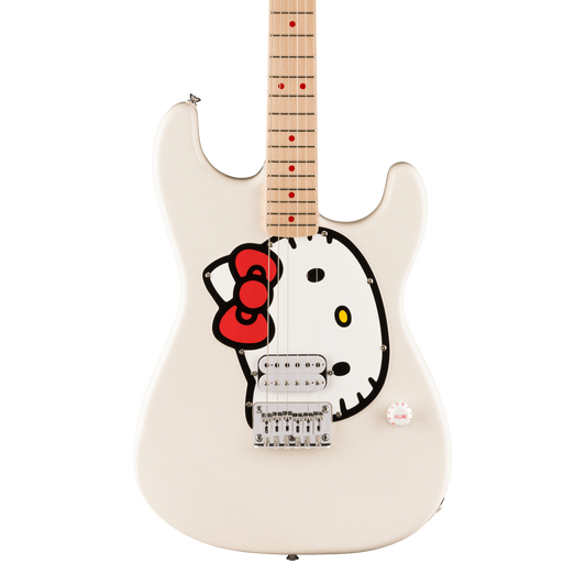 Front of Squier Fender x Hello Kitty White Stratocaster.