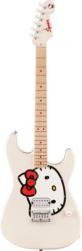 Full frontal of Squier Fender x Hello Kitty White Stratocaster.
