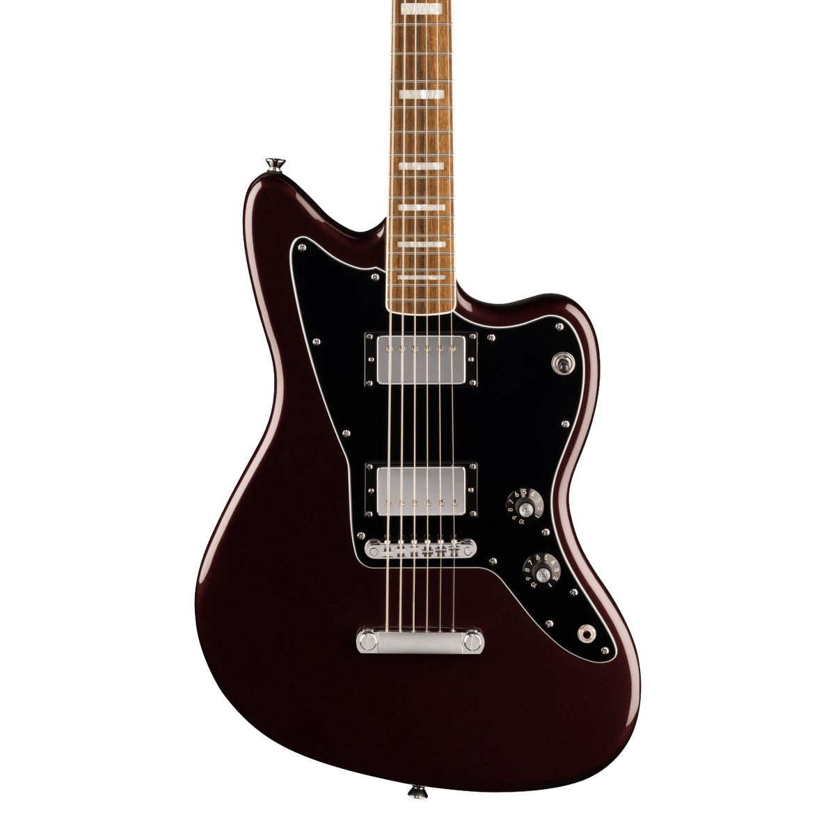 Front of Squier Paranormal Baritone Jazzmaster HH Laurel Oxblood.