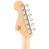 Back of headstock of Squier Paranormal Baritone Jazzmaster HH Laurel Oxblood.