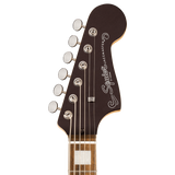 Headstock of Squier Paranormal Baritone Jazzmaster HH Laurel Oxblood.