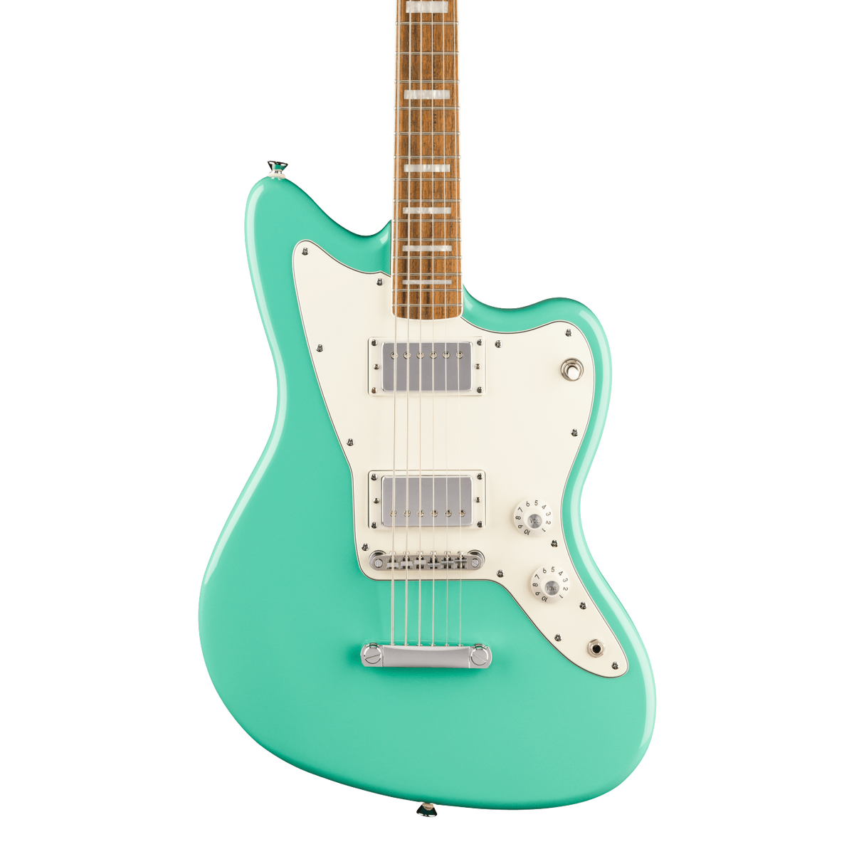 Front of Squier Paranormal Baritone Jazzmaster HH Laurel Sea Foam Green.