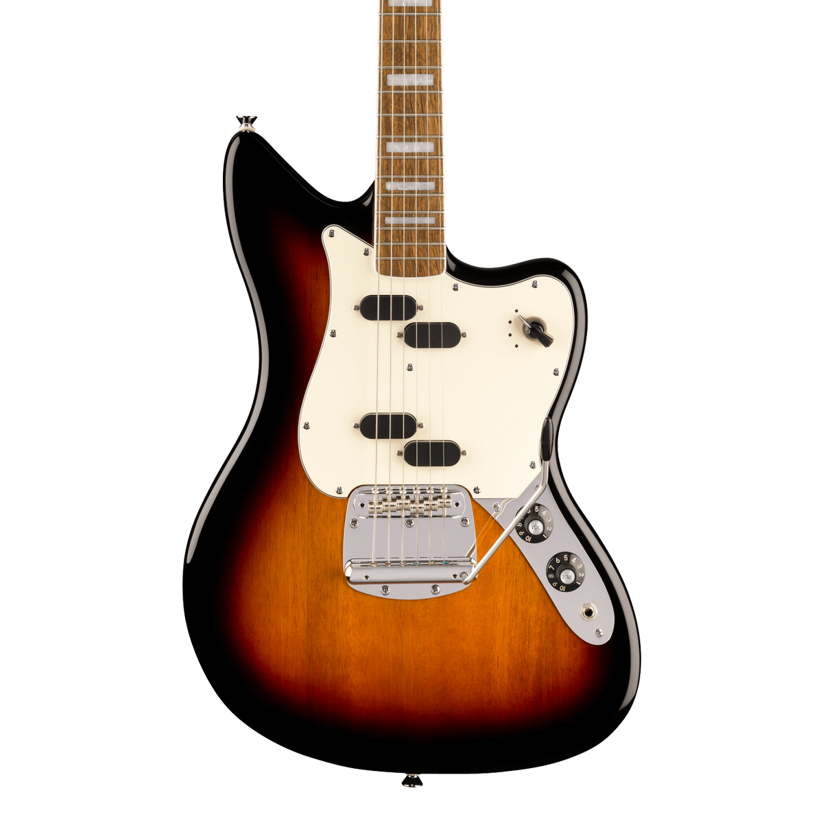 Front of Squier Paranormal Electric VI Laurel 3-Color Sunburst.