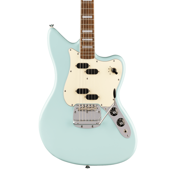 Front of Squier Paranormal Electric VI Laurel Daphne Blue.