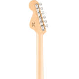Back of headstock of Squier Paranormal Electric VI Laurel Daphne Blue.