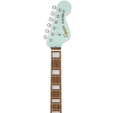 Headstock of Squier Paranormal Electric VI Laurel Daphne Blue.