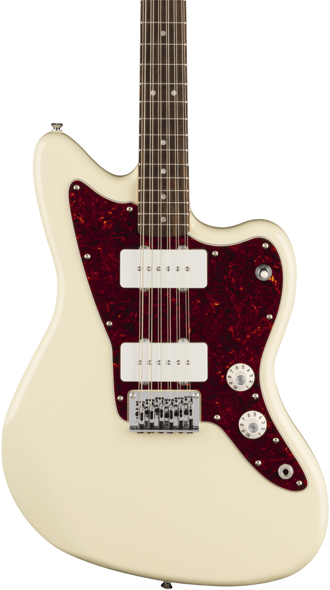 Front of Squier Paranormal Jazzmaster XII LRL TSPG OLW.