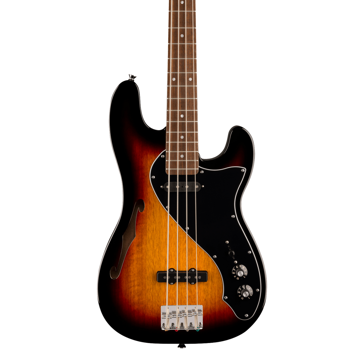Front of Squier Paranormal Precision Bass Thinline SJ Laurel 3-Color Sunburst.