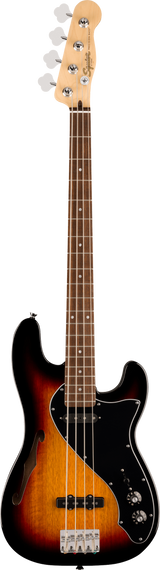 Full frontal of Squier Paranormal Precision Bass Thinline SJ Laurel 3-Color Sunburst.