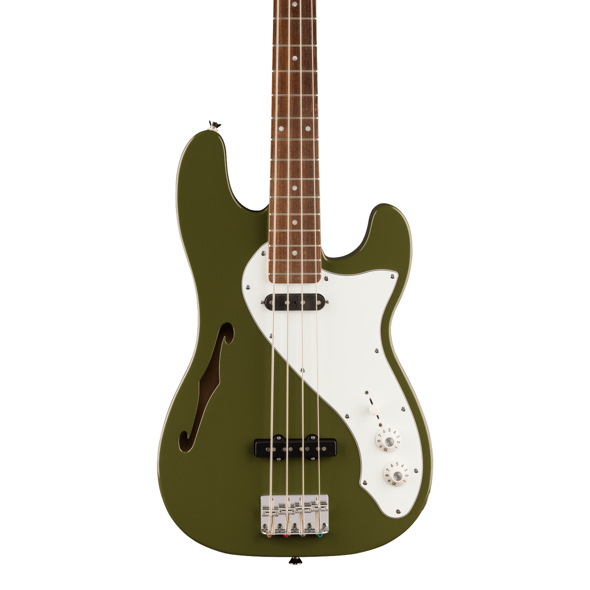 Front of Squier Paranormal Precision Bass Thinline SJ Laurel Olive.