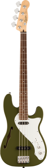 Full frontal of Squier Paranormal Precision Bass Thinline SJ Laurel Olive.