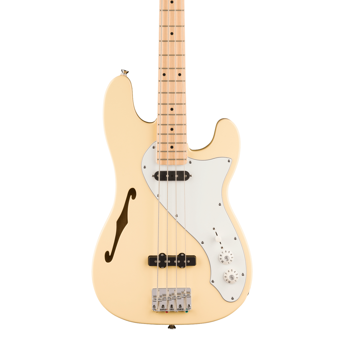 Front of Squier Paranormal Precision Bass Thinline SJ Maple Vintage White.