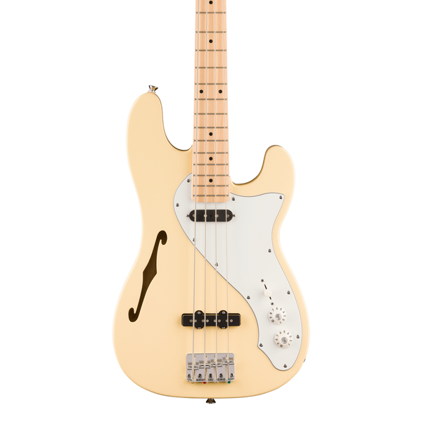 Front of Squier Paranormal Precision Bass Thinline SJ Maple Vintage White.