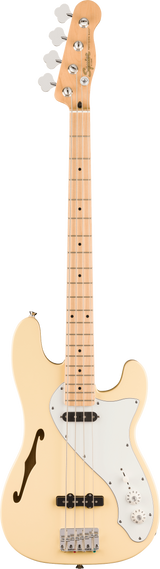 Full frontal of Squier Paranormal Precision Bass Thinline SJ Maple Vintage White.
