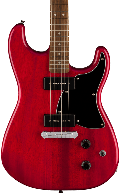 Front of Squier Paranormal Strat-O-Sonic Crimson Red Transparent.