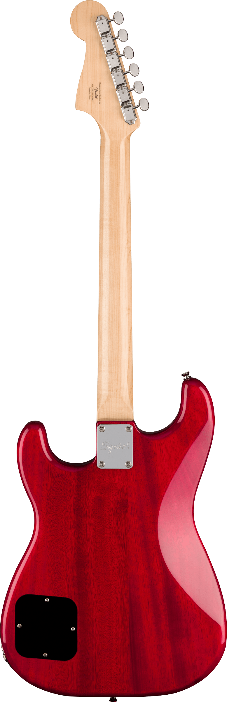 Back of Squier Paranormal Strat-O-Sonic Crimson Red Transparent.