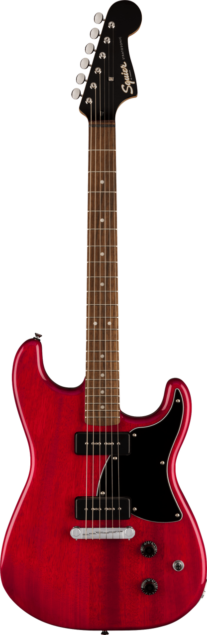 Full frontal of Squier Paranormal Strat-O-Sonic Crimson Red Transparent.