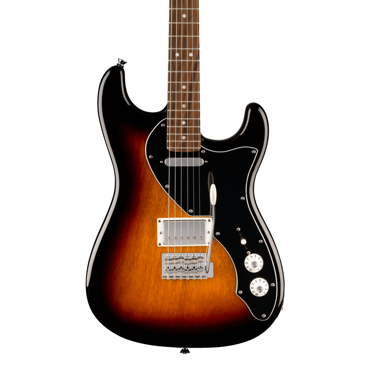 Front of Squier Paranormal Stratocaster Deluxe Laurel 3-Color Sunburst.
