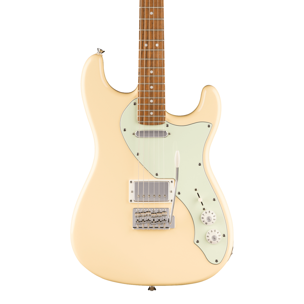 Front of Squier Paranormal Stratocaster Deluxe Laurel Vintage White.