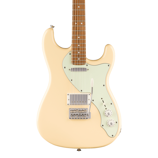 Front of Squier Paranormal Stratocaster Deluxe Laurel Vintage White.