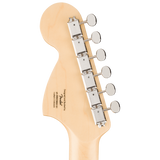 Back of headstock of Squier Paranormal Stratocaster Deluxe Laurel Vintage White.