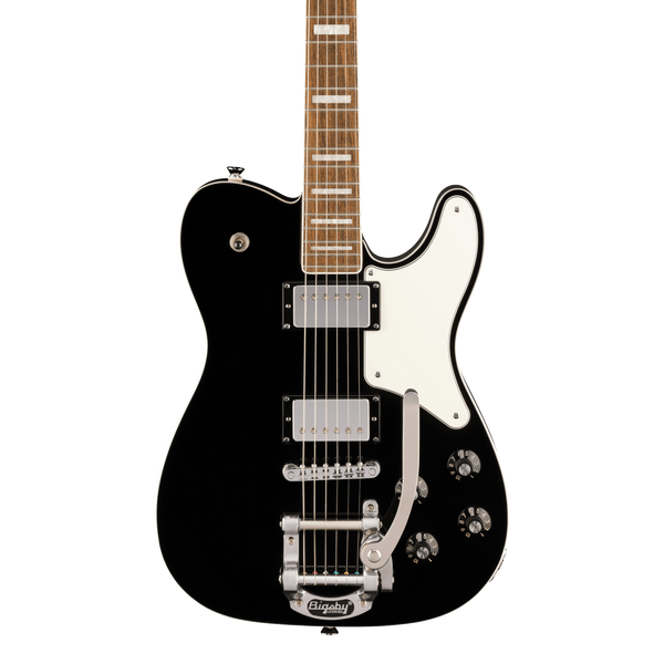Front of Squier Paranormal Troublemaker Telecaster Deluxe Bigsby Laurel Black.