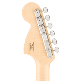 Back of headstock of Squier Paranormal Troublemaker Telecaster Deluxe Bigsby Laurel Black.