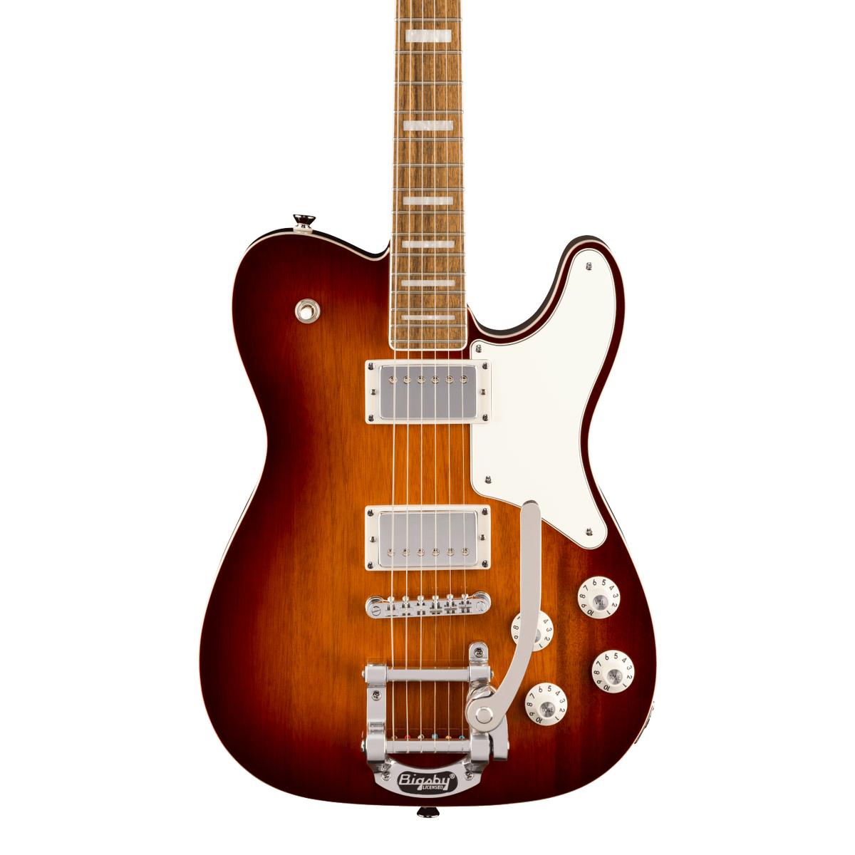 Front of Squier Paranormal Troublemaker Telecaster Deluxe Bigsby Laurel Honey Sunburst.