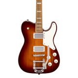 Front of Squier Paranormal Troublemaker Telecaster Deluxe Bigsby Laurel Honey Sunburst.