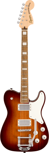 Full frontal of Squier Paranormal Troublemaker Telecaster Deluxe Bigsby Laurel Honey Sunburst.