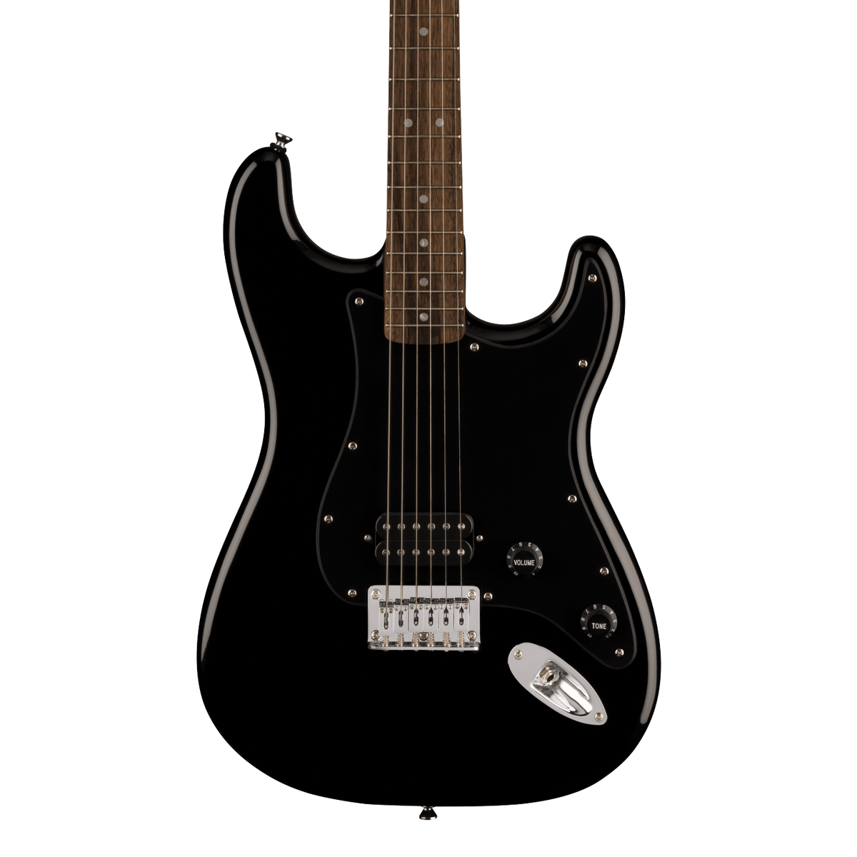 Front of Squier Sonic Stratocaster HT H Laurel Fingerboard Black.