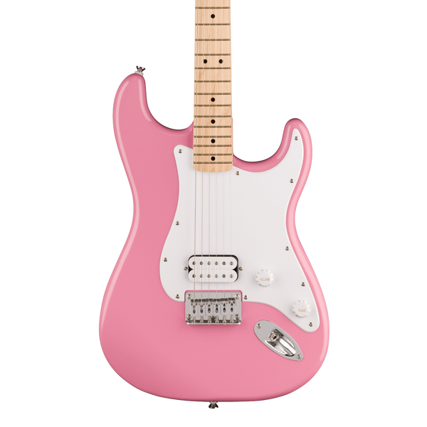 Front of Squier Sonic Stratocaster HT H Maple Fingerboard Flash Pink.
