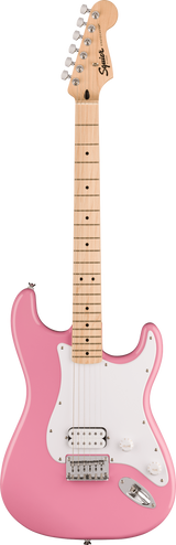 Full frontal of Squier Sonic Stratocaster HT H Maple Fingerboard Flash Pink.
