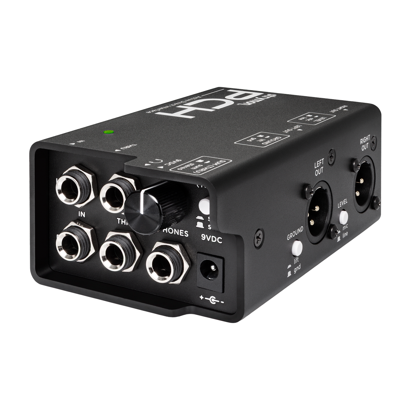 Front angle of Strymon PCH Active stereo DI with headphone amp.