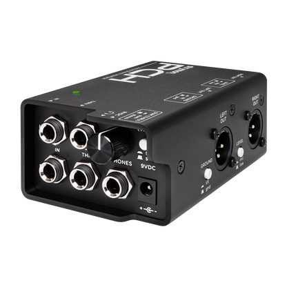 Front angle of Strymon PCH Active stereo DI with headphone amp.