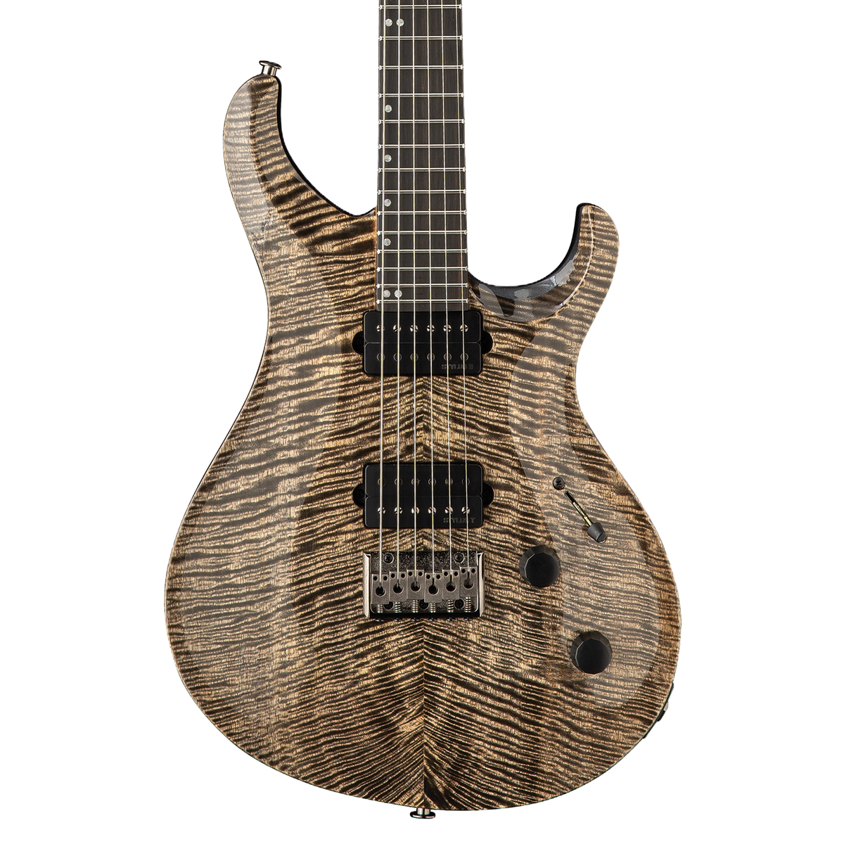 Front of PRS Tekton Black Tourmaline against a white background. 