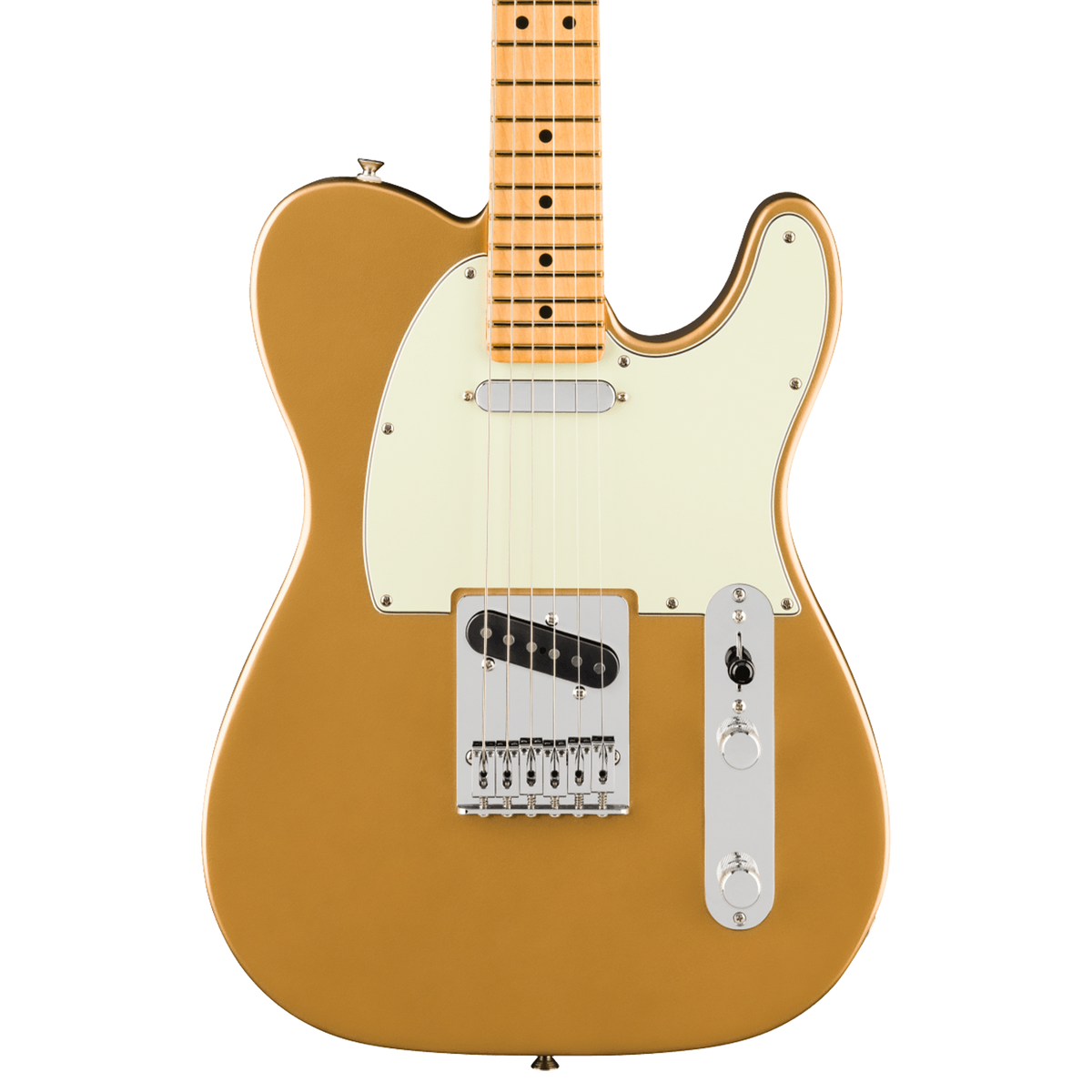 Fender Telecaster electric guitar body in metallic gold with a cream pickguard, chrome hardware, and maple neck, shown against a plain white background.