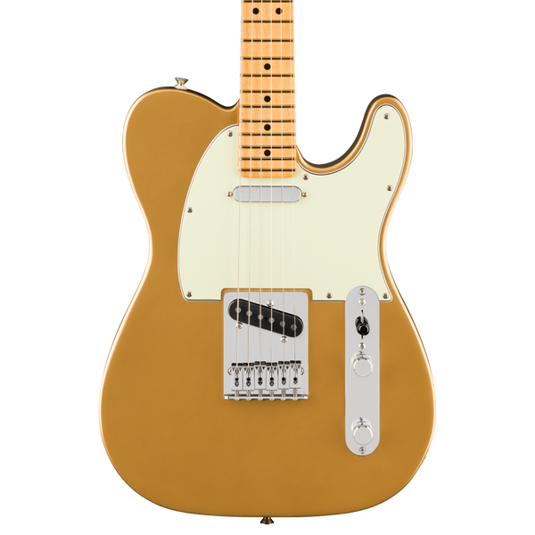 Fender Telecaster electric guitar body in metallic gold with a cream pickguard, chrome hardware, and maple neck, shown against a plain white background.