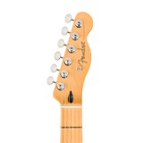 Close-up of a Fender electric guitar headstock in natural maple wood, showing six silver tuning pegs and strings against a white background.