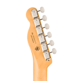 Close-up of the headstock of an electric guitar, showing the maple wood neck, six silver tuning pegs, and printed model text on a white background.