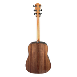Back view of a wooden acoustic guitar on a white background
