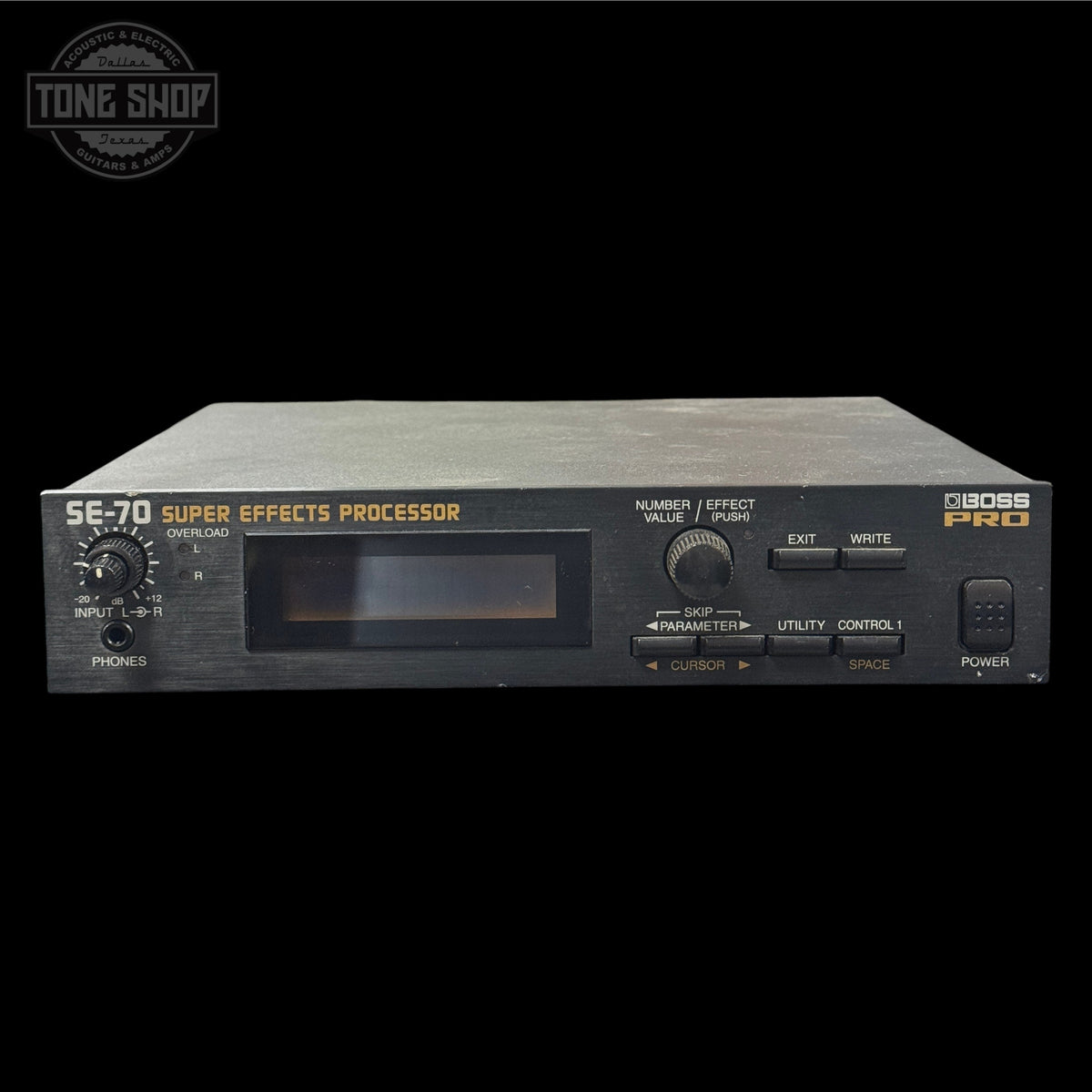 Boss SE-70 Super Effects Processor on a black background with 'Tone Shop' logo.