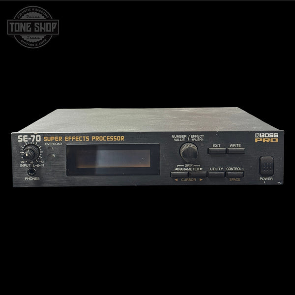 Boss SE-70 Super Effects Processor on a black background with 'Tone Shop' logo.