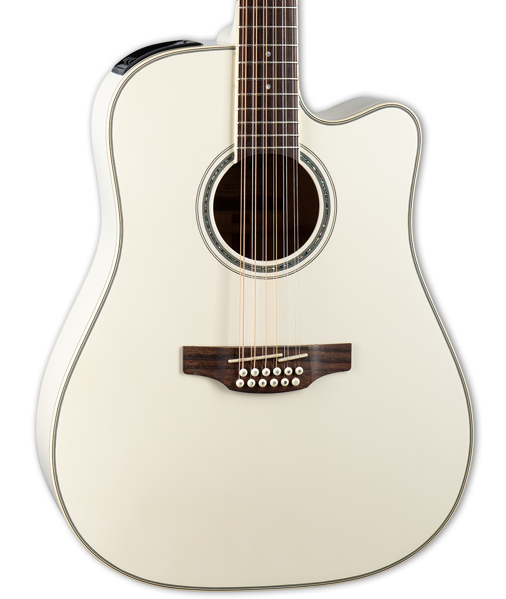 Front of Takamine GD37CE12PW 12 String Pearl White.