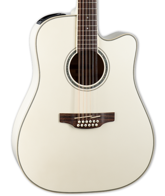 Front of Takamine GD37CE12PW 12 String Pearl White.