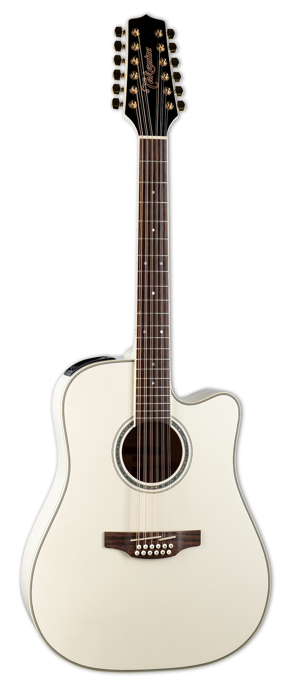 Full frontal of Takamine GD37CE12PW 12 String Pearl White.