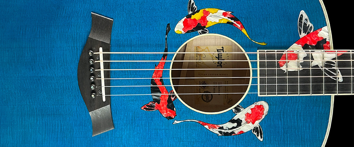 Close up of blue Taylor acoustic with inlayed koi fish around soundhole and fretboard.