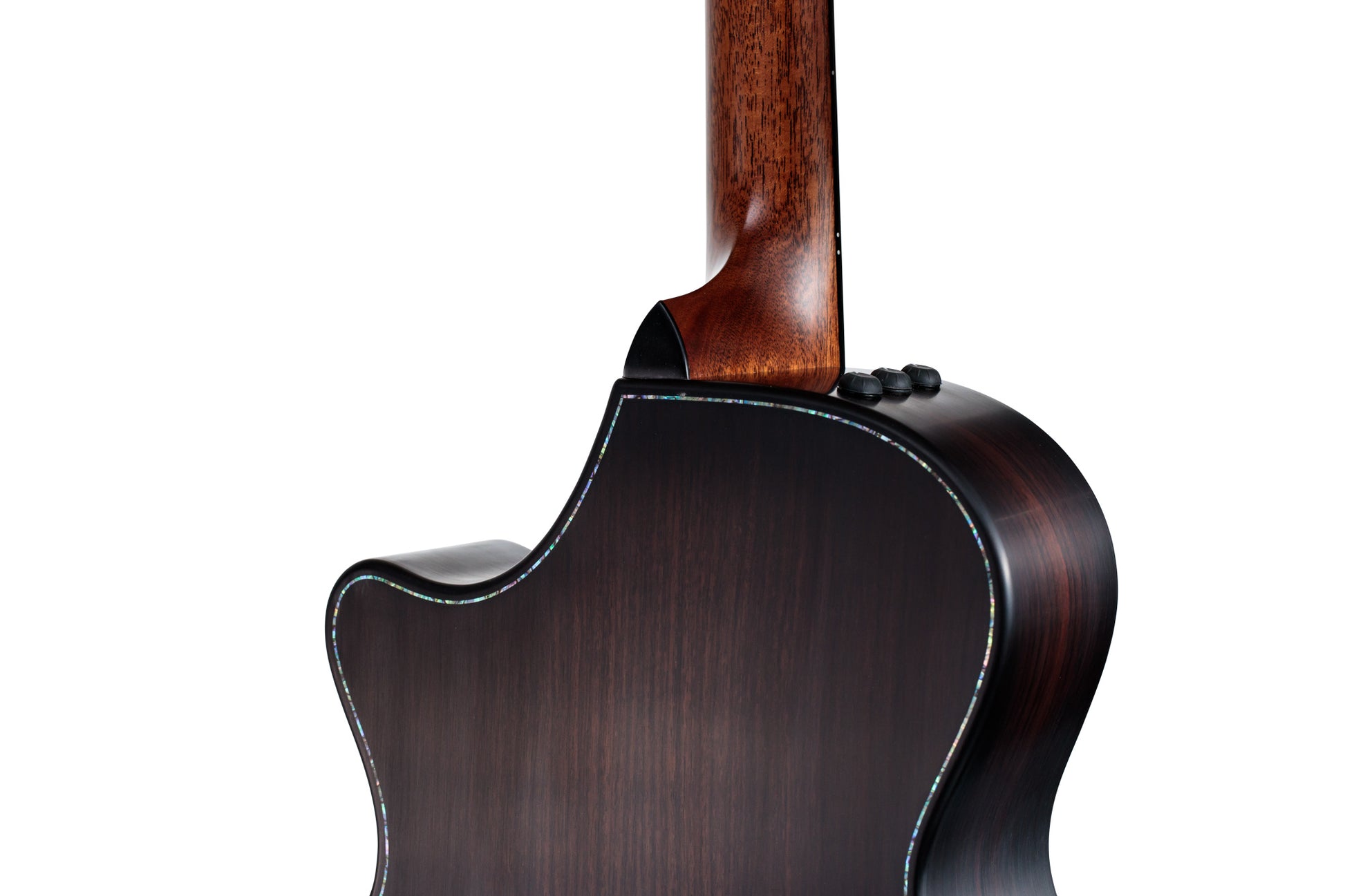 Close up of back of Taylor Builder's Edition 912ce WHB V-Class Bracing Wild Honey Burst w/case