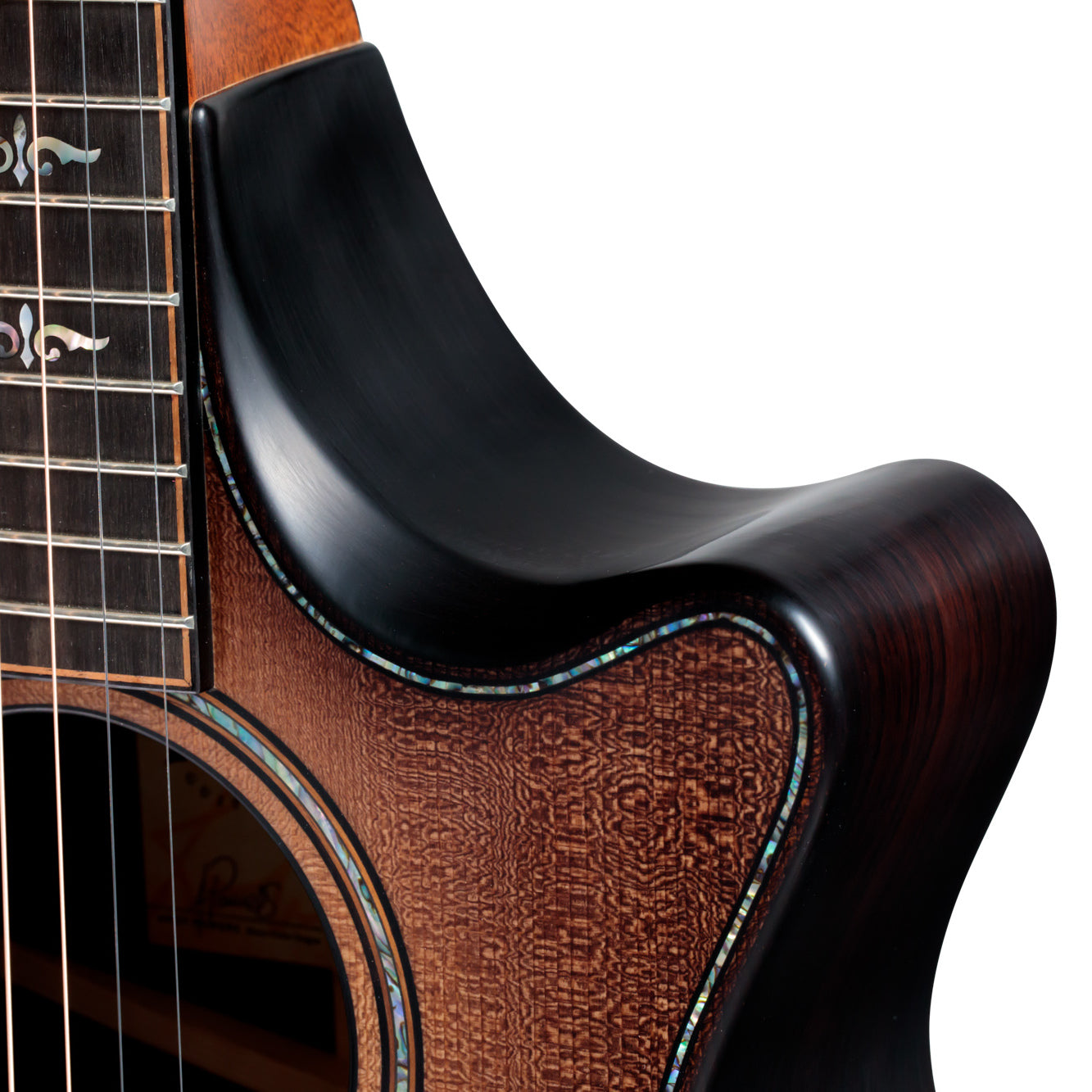 Close up of cutaway of Taylor Builder's Edition 912ce WHB V-Class Bracing Wild Honey Burst w/case